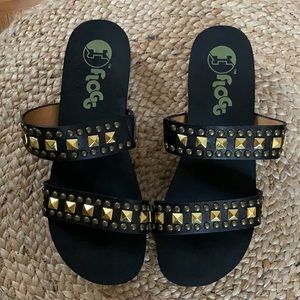 Black leather & wood Flogg double band clog slides with gold studding size 9